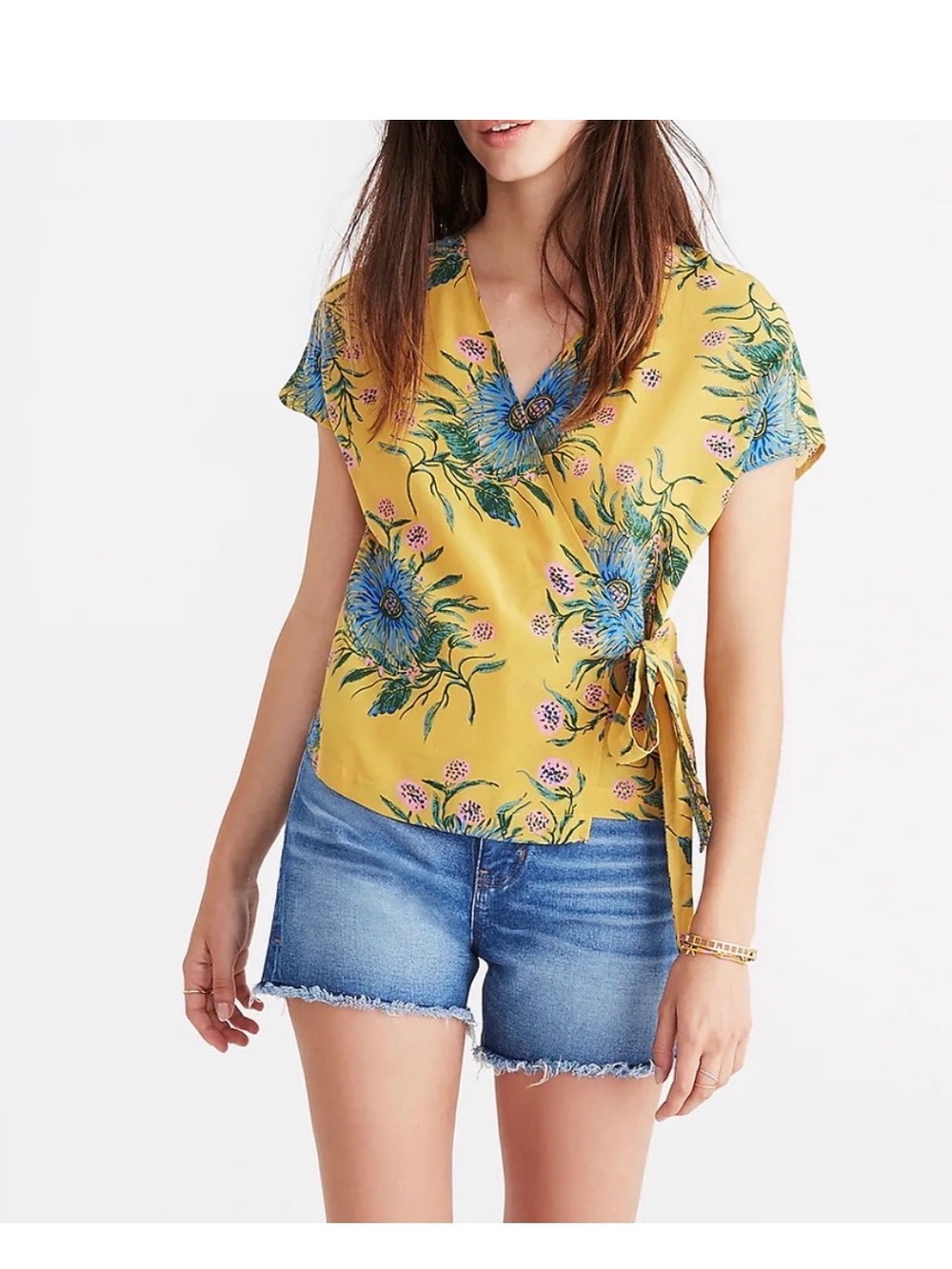 Madewell Mustard Yellow Floral Wrap Blouse